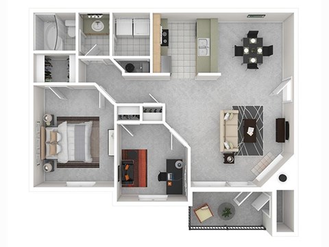 A floor plan of a small apartment with a kitchen, living room, and bedroom.